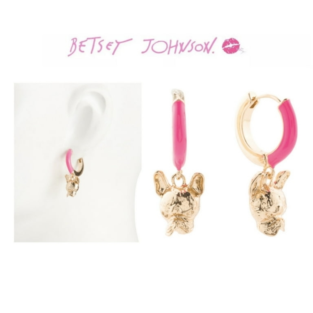 BETSEY JOHNSON Pink Enamel And Gold Tone Frenchie Dog Huggie Hoop Earrings